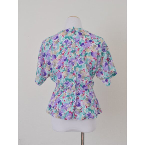 Vintage 80s Semi-Sheer Floral Polyester Peplum‎ blouse | size 8 - Picture 3 of 10
